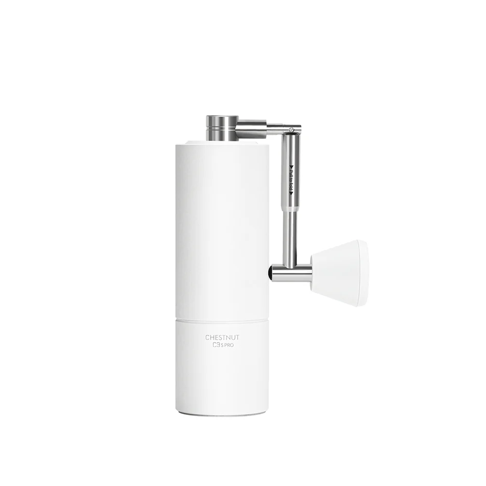 White pepper grinder with chrome adjustment wheel on a white background